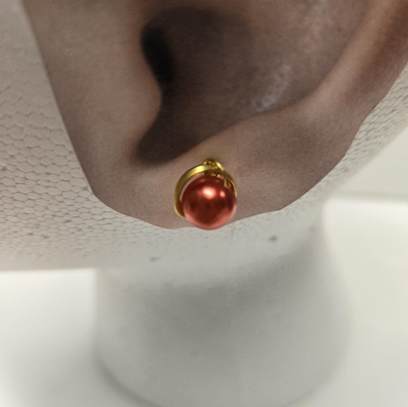 Hand Crafted Gold and Red Faux Pearl Post Earrings - Picture 3 of 10